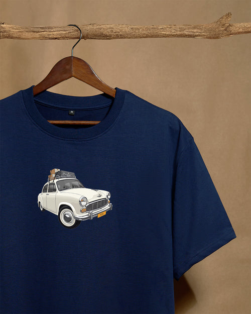 Close-up of Printrove Ambassador navy blue unisex oversized T-shirt showing front neckline and fabric texture.