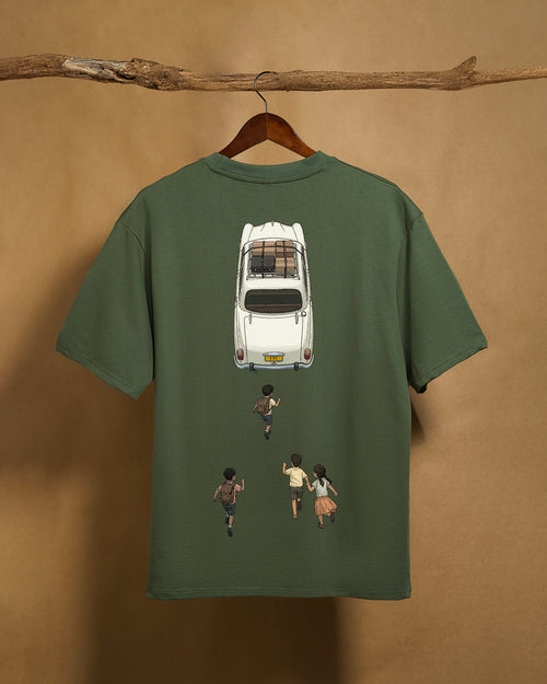 Green ambassador oversized unisex T-shirt by Printrove, back view showing relaxed fit and 240GSM fabric detail.