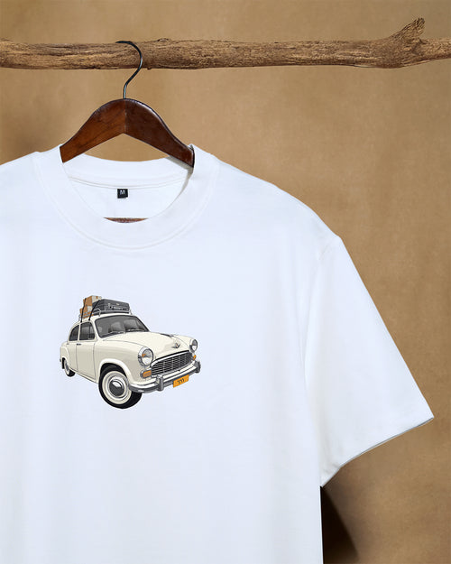 Close-up of a white unisex oversized T-shirt by Printrove, showing the front design and 240GSM fabric texture.