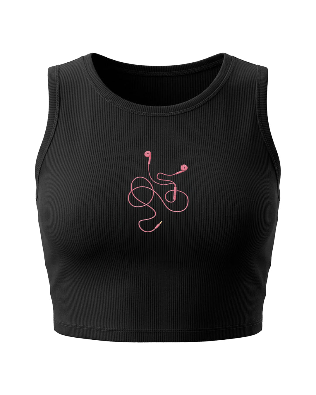 Black crop tank top with pink earphone graphic by Printrove, front view showing the design and fit.