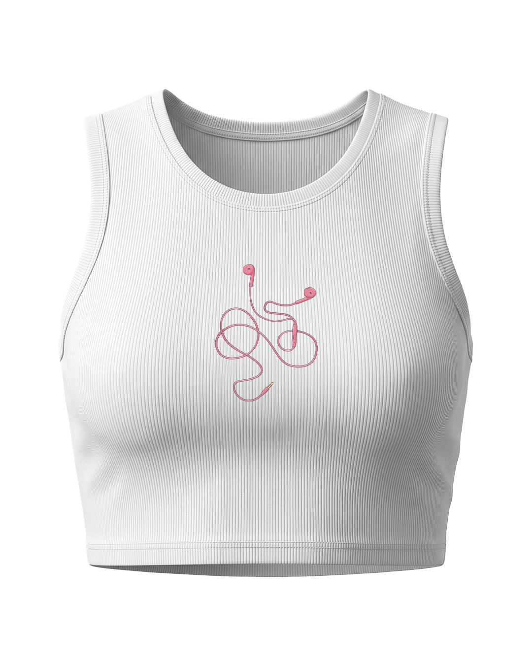 White crop tank top with pink earphone graphic from Printrove, front view showing the design and fabric texture.