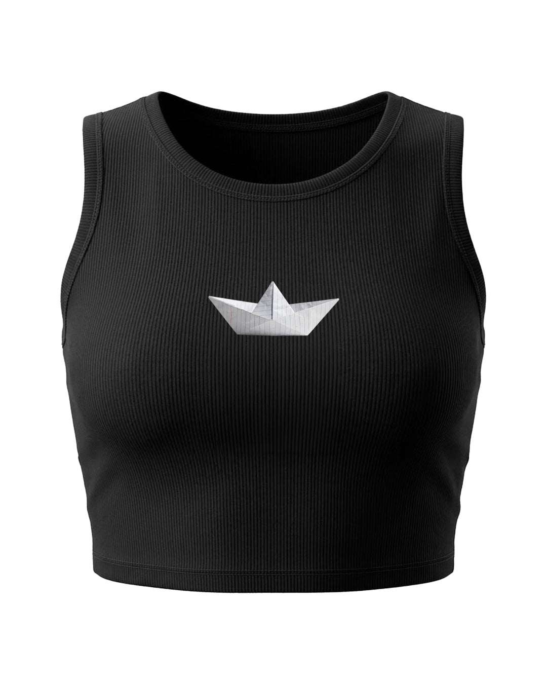 Black Paper Boat crop tank top by Printrove, front view showing fitted design and lightweight fabric.